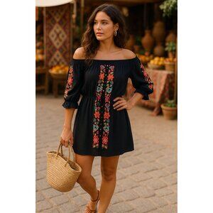 Misa Women's Embroidered Mini Dress Black S Boho Festival Resort wear Vacation